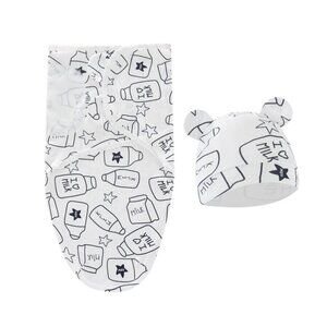 Baby Swaddle & Hat Set With Milk Bottle Print Soft Cotton Newborn Size White & B